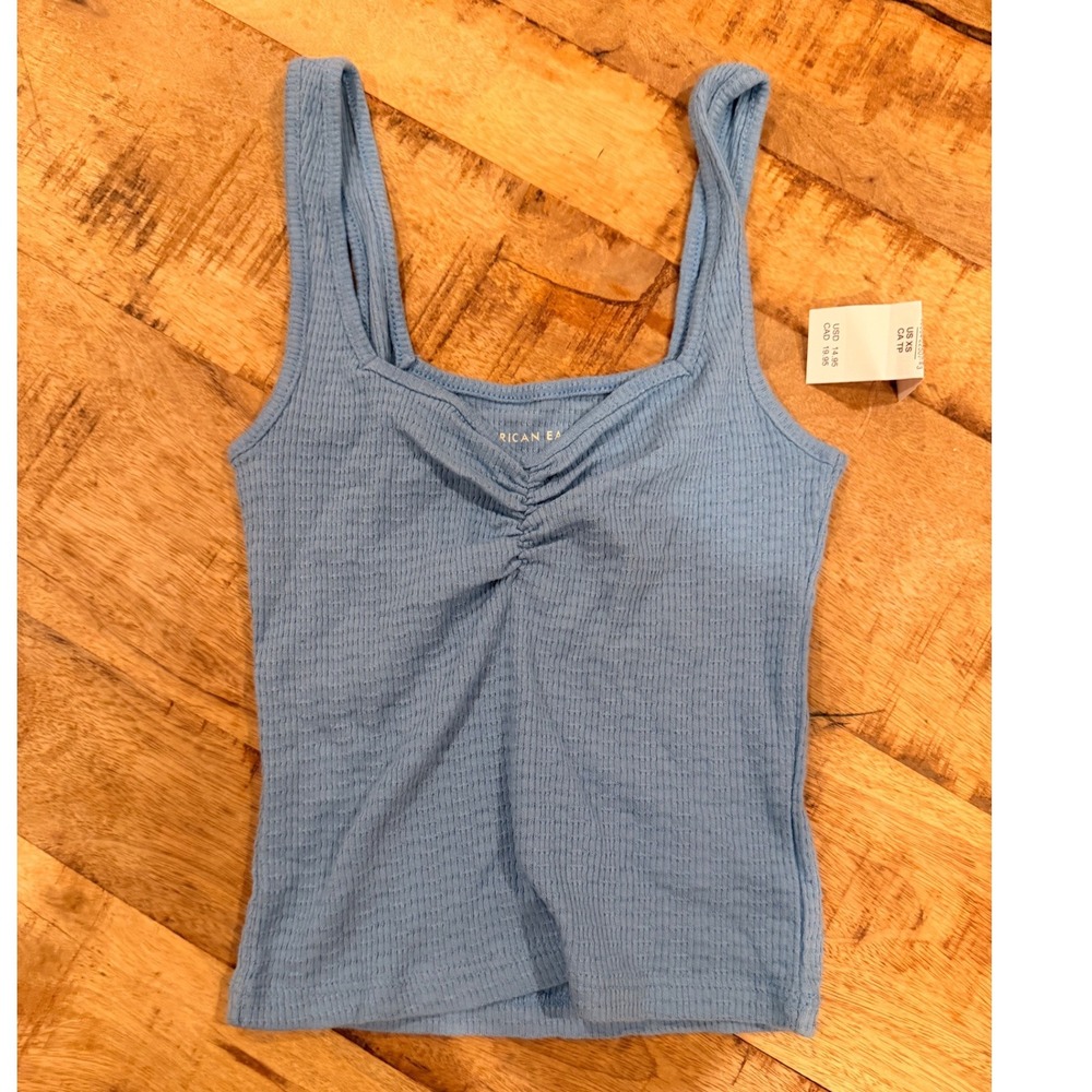 American Eagle Blue Ruched Ribbed Cropped Tank Top XS New With Tags
